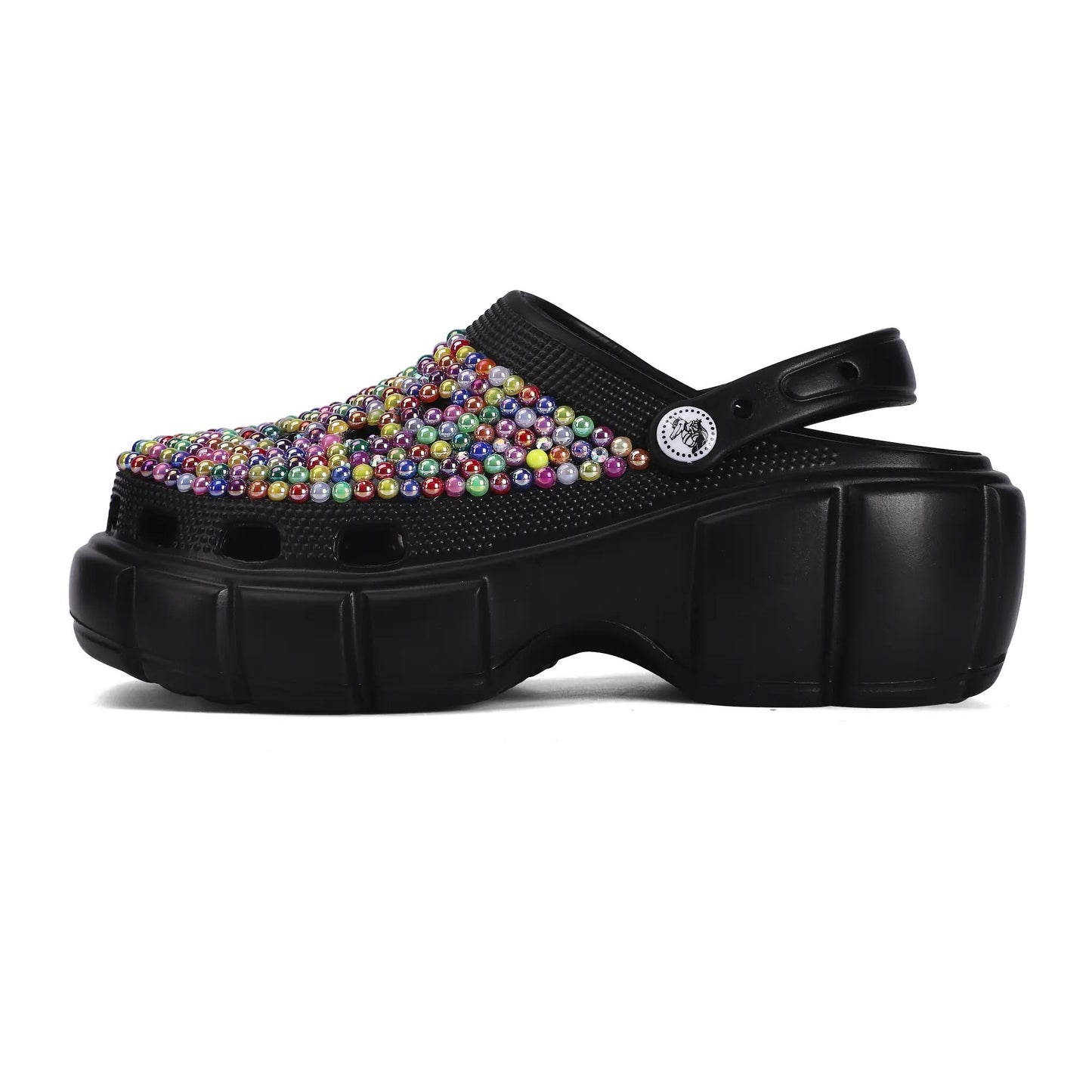 Womens EVA Bling Rhinestone Clogs Black Multi-Colored with Custom Name Logo