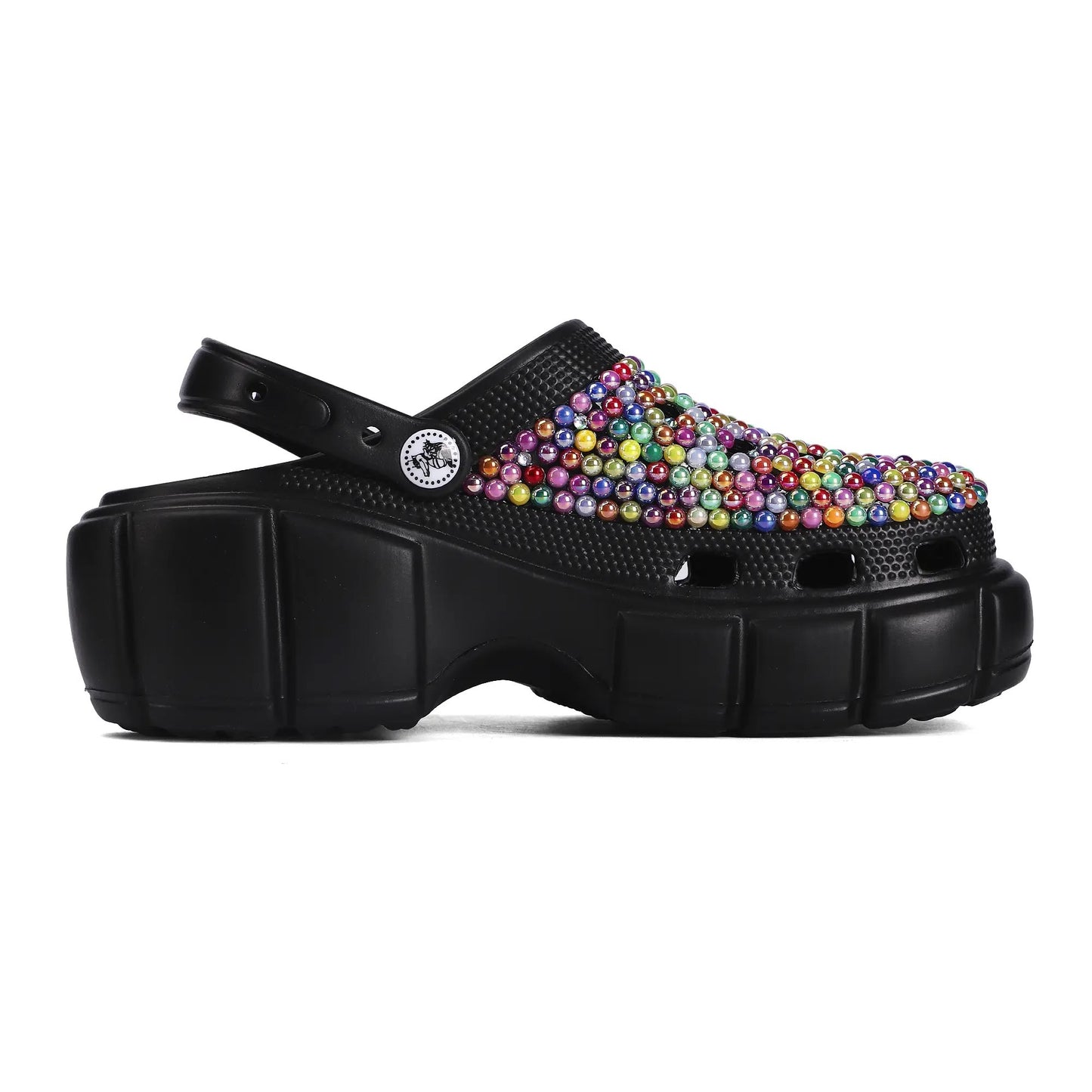 Womens EVA Bling Rhinestone Clogs Black Multi-Colored with Custom Name Logo