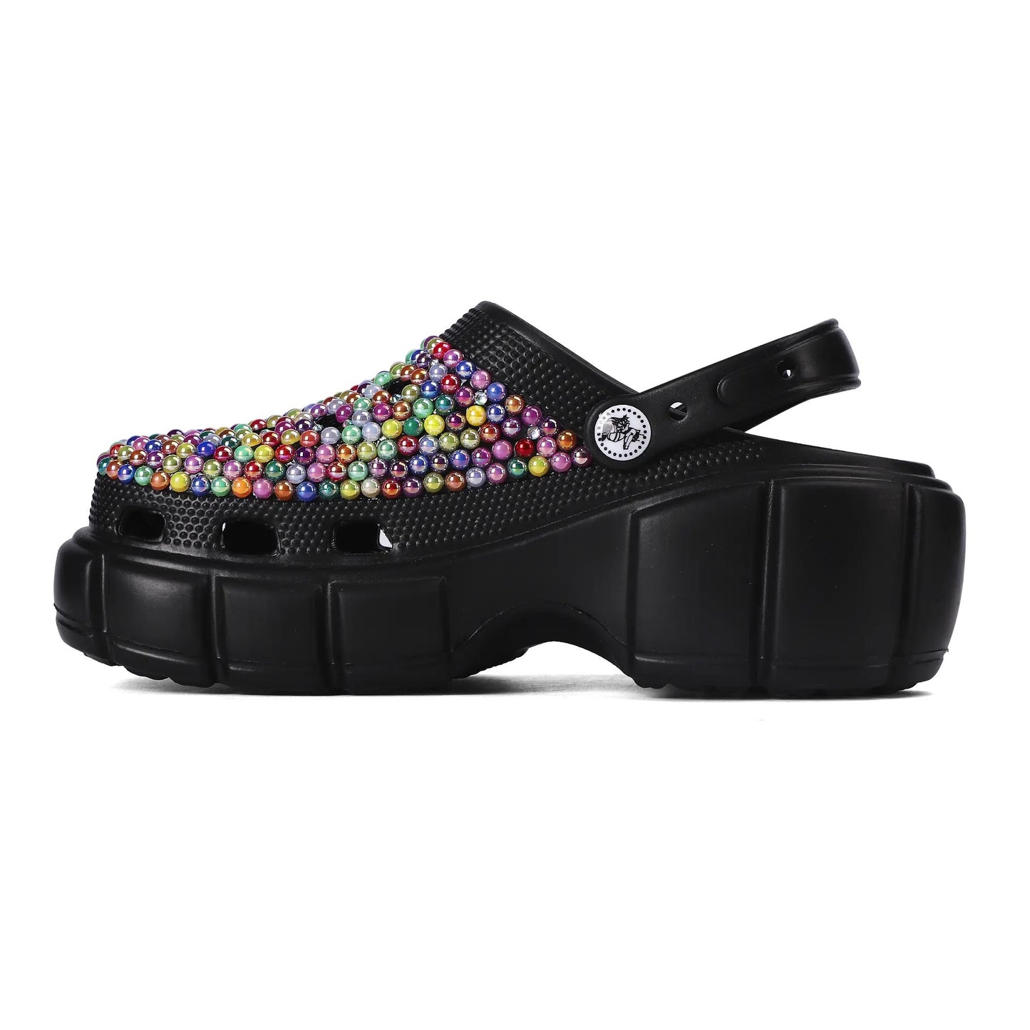 Womens EVA Bling Rhinestone Clogs Black Multi-Colored with Custom Name Logo