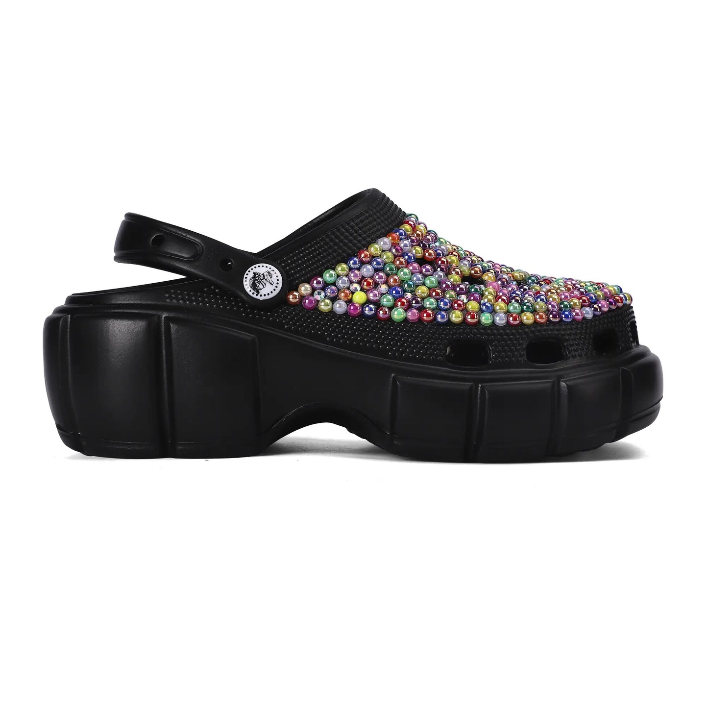 Womens EVA Bling Rhinestone Clogs Black Multi-Colored with Custom Name Logo