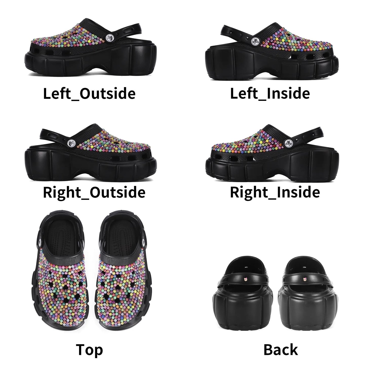 Womens EVA Bling Rhinestone Clogs Black Multi-Colored with Custom Name Logo