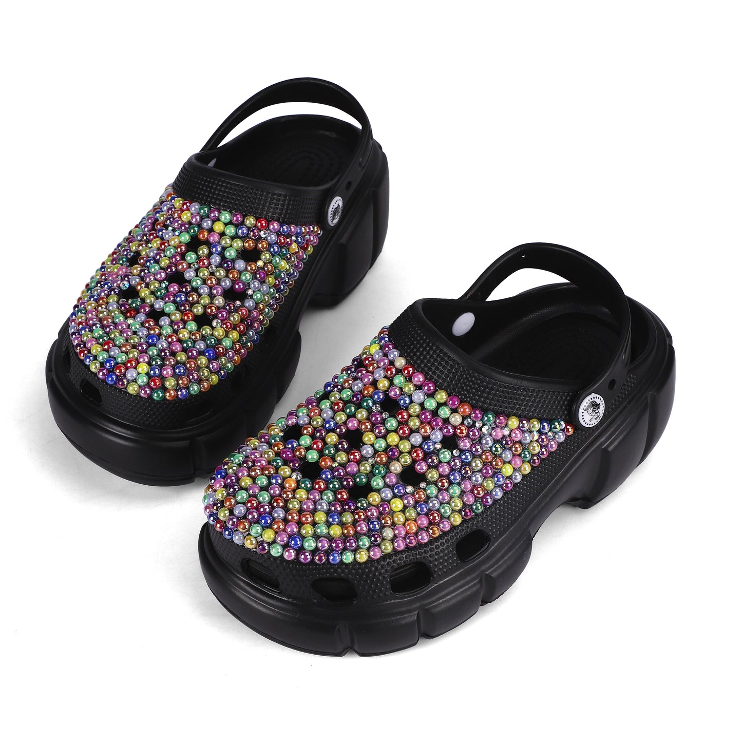 Womens EVA Bling Rhinestone Clogs Black Multi-Colored with Custom Name Logo