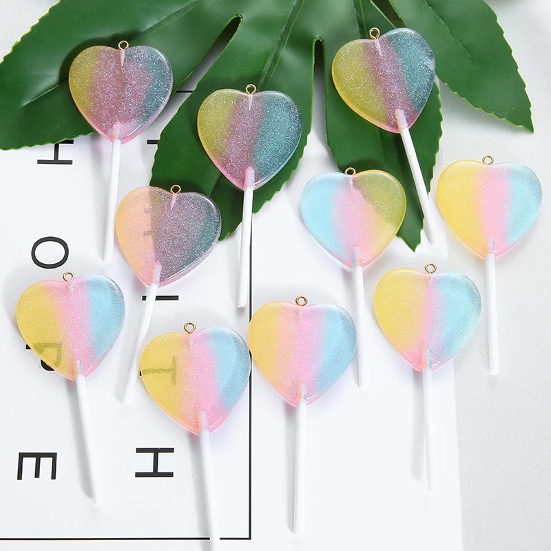 10pcs/lot Colorful Resin Love Heart Lollipop Charms Pendant DIY Necklace Keychain For Jewelry Making Accessories