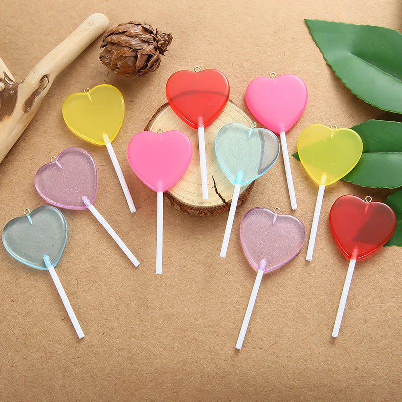 10pcs/lot Colorful Resin Love Heart Lollipop Charms Pendant DIY Necklace Keychain For Jewelry Making Accessories