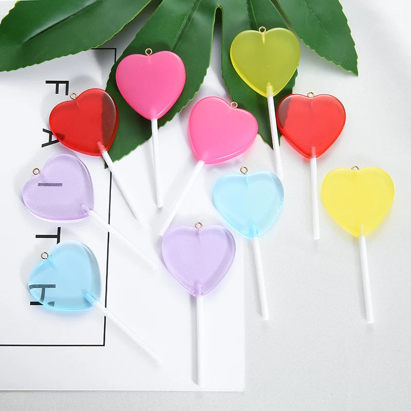 10pcs/lot Colorful Resin Love Heart Lollipop Charms Pendant DIY Necklace Keychain For Jewelry Making Accessories