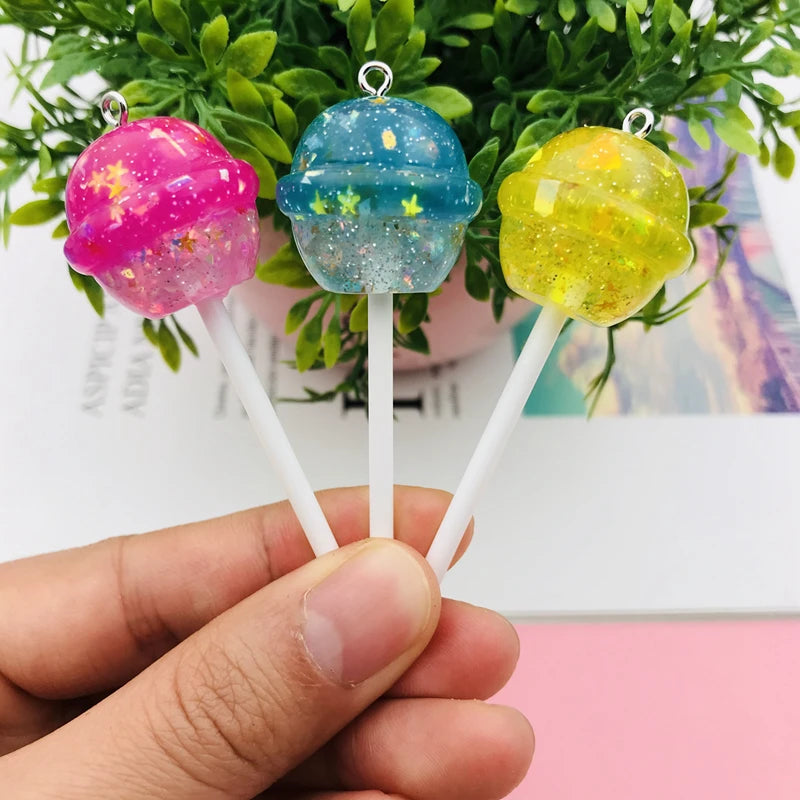 10pcs Kawaii Hot Selling Cute Miniature Glitter Star Lollipop Charm for Earring Keychain Jewelry Accessory DIY Making