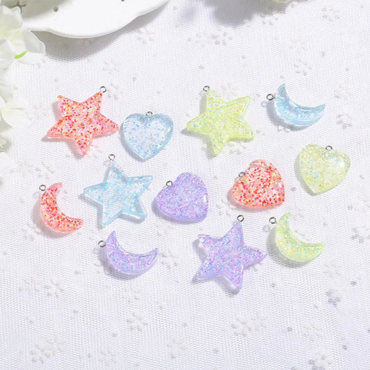 10Pcs Glitter Star Heart Moon Charms