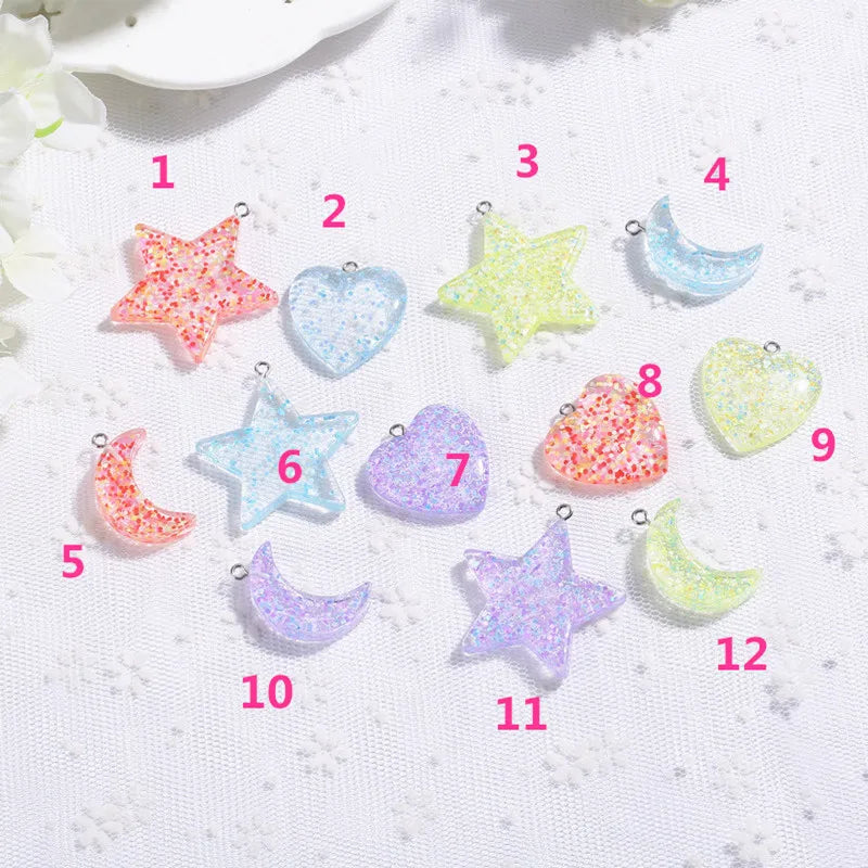 10Pcs Glitter Star Heart Moon Charms