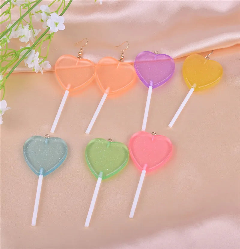 10pcs/12pcs/pack Bling Glitter Heart  Lollipop Resin Charms  for Earring Keychain Jewelry Making 85x22mm