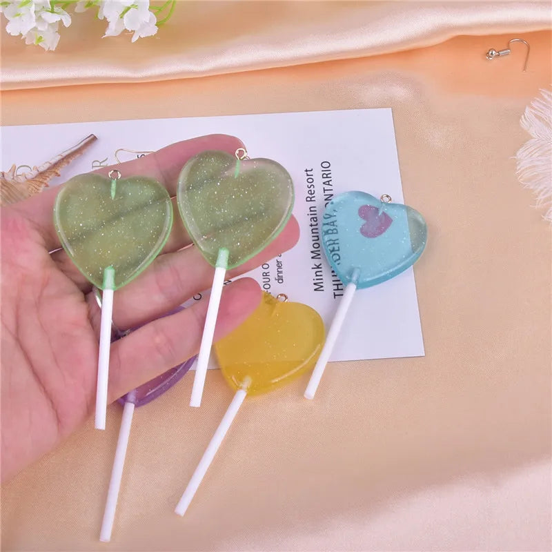 10pcs/12pcs/pack Bling Glitter Heart  Lollipop Resin Charms  for Earring Keychain Jewelry Making 85x22mm