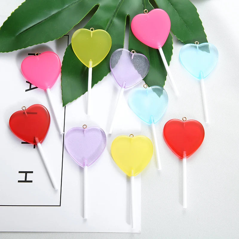 10pcs/lot Colorful Resin Love Heart Lollipop Charms Pendant DIY Necklace Keychain For Jewelry Making Accessories