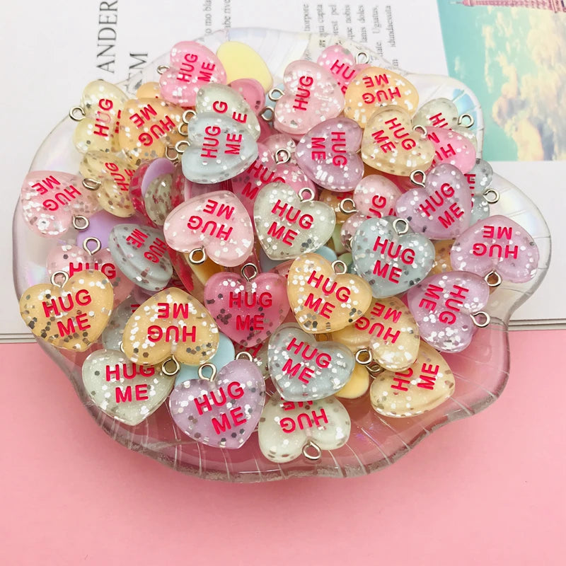 10pcs Kawaii New Glitter Conversation Heart Charm Pendant for Earring Keychain Jewelry accessory DIY Making