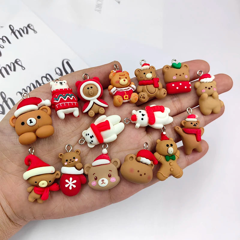 10pcs Mix Christmas Hat Bear Charms for Jewelry Making Findings Resin Sock Bear Animals Floating Pendant Flatback Diy Earring