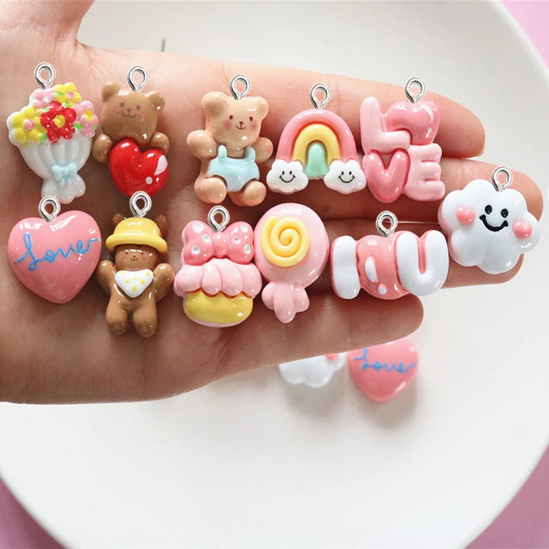 10Pcs Glossy Flower Bear Resin Charm