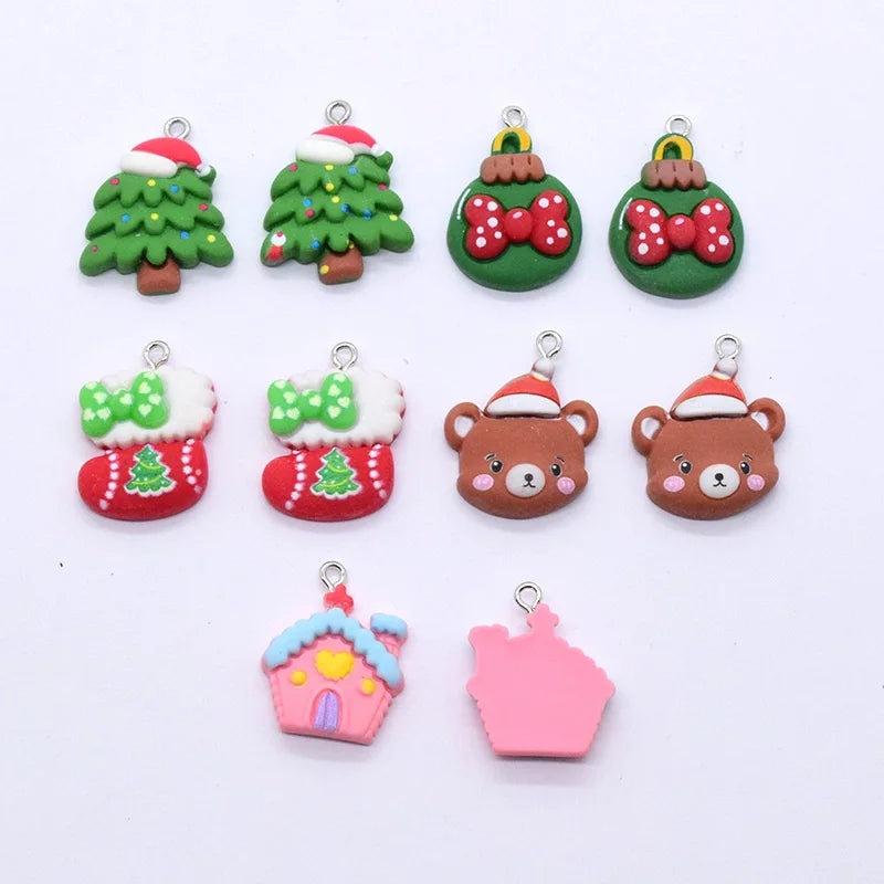 10pcs/Pack Christmas Series Resin Charms Christmas Tree Stocking Bow Tie Bear Snow House Pendant For Earring Jewelry Make