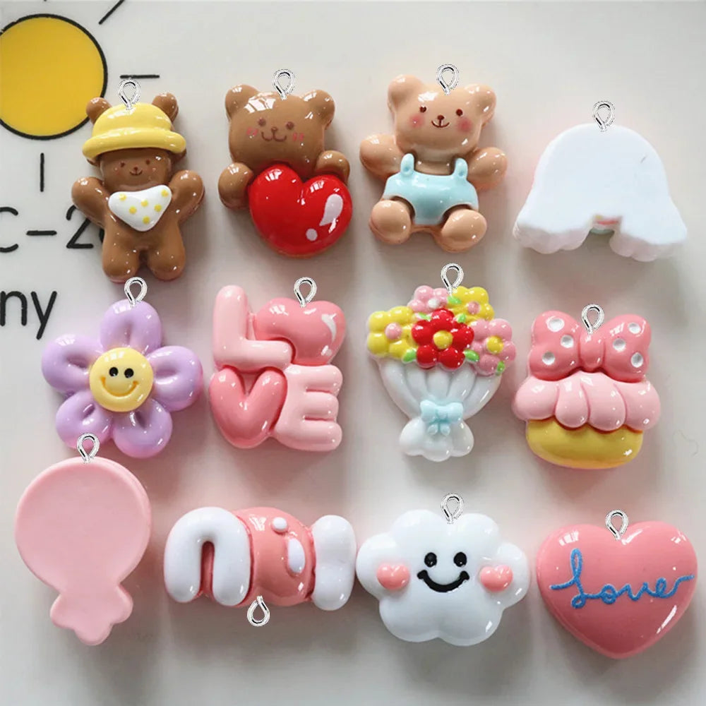 10PCS Shiny Cartoon Love Bear Flat Back Charms For Earrings Bracelet Hairpin DIY Jewelry Gift Pendants Decoration Accessories