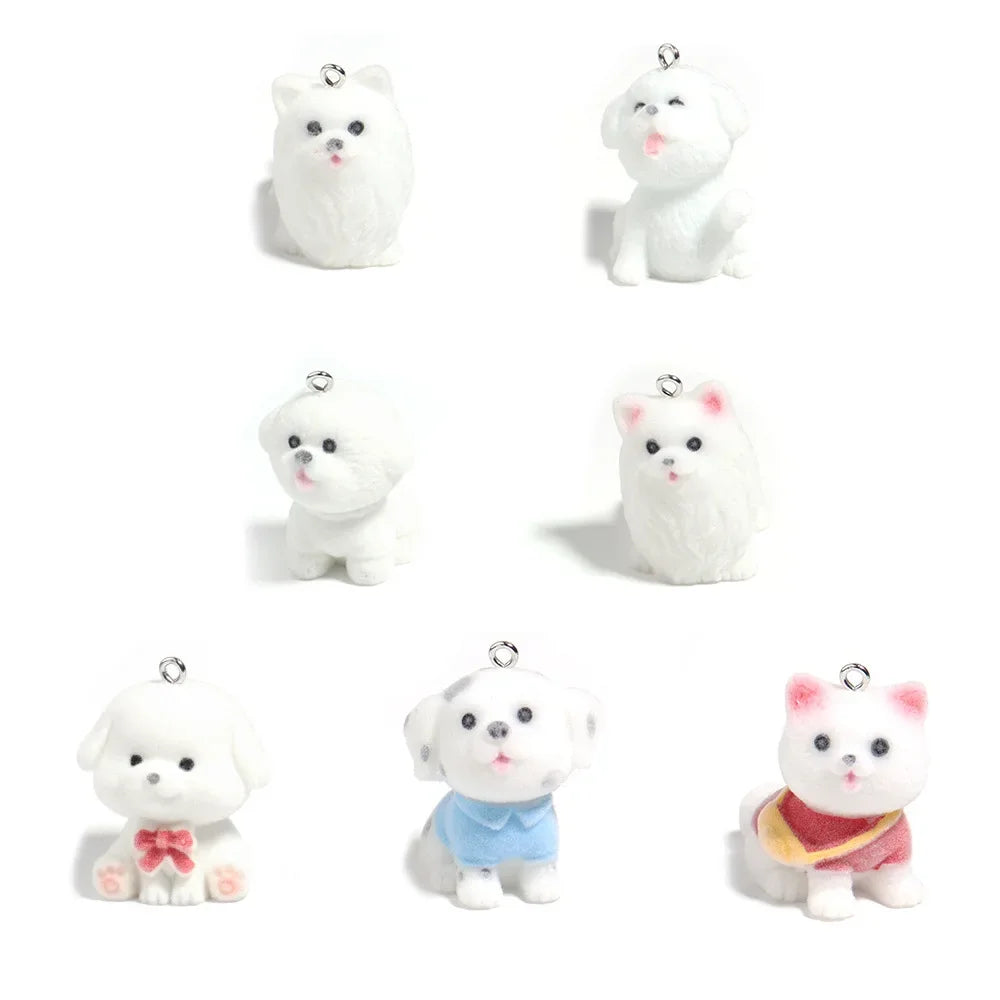 20Pcs 3D Cute Flocking Dog Charms Cartoon Animal Plush Resin Pendant For Phone Keychain Necklace Earring Bag DlY Jewelry Make