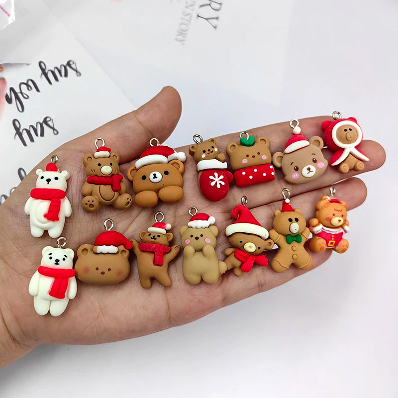 10pcs Mix Christmas Hat Bear Charms for Jewelry Making Findings Resin Sock Bear Animals Floating Pendant Flatback Diy Earring