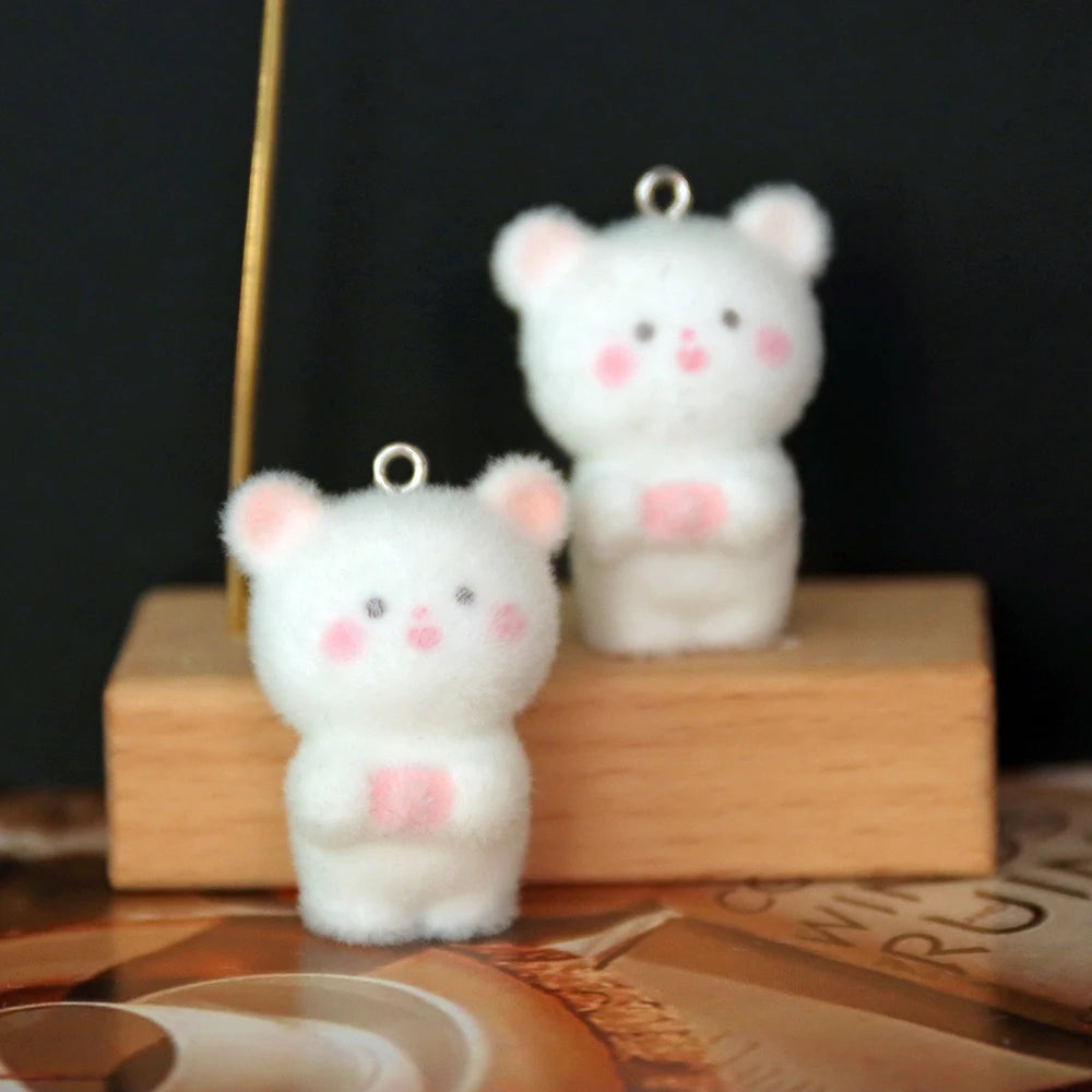 30Pcs 3D Cute Flocked Cat Charms Cartoon Animal Bear Resin Pendant Earrings Keychains Accessories for DIY Crafts Jewelry Make