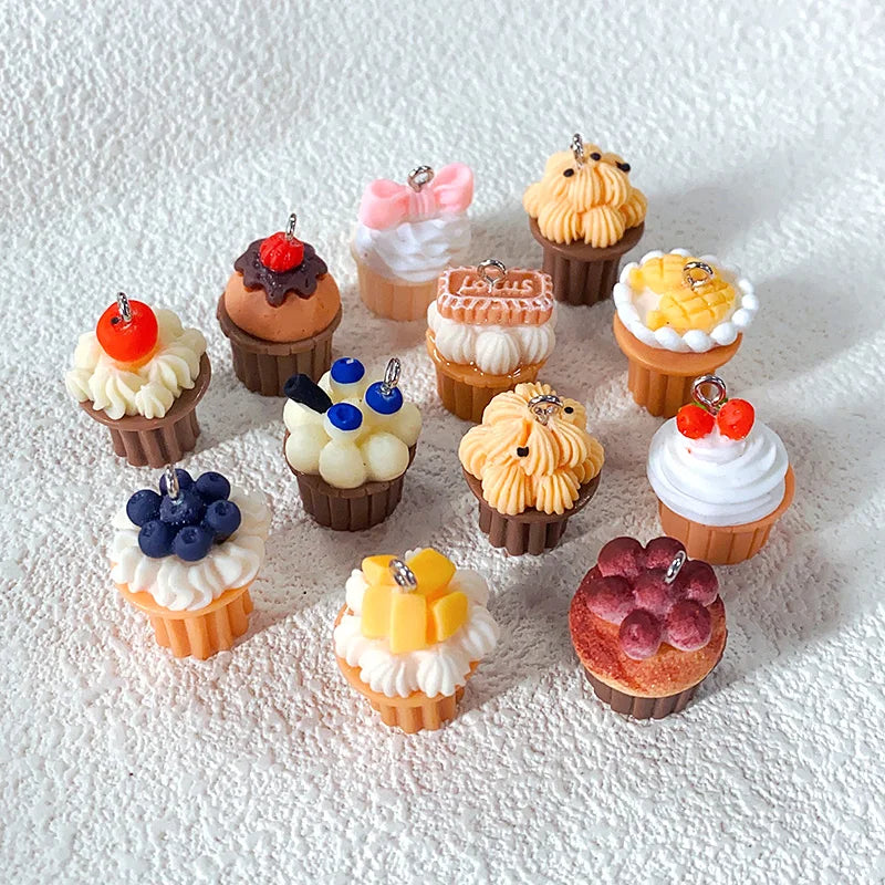 10pcs Mini Small Cup Cake Resin Charms Blueberry Cherry Cream Cakes Crafts Pendants Diy For Earring Keychain Jewelry Make