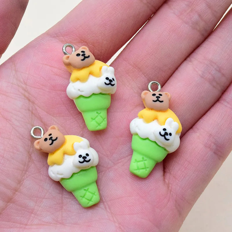 10pcs Lovely Bear Ice Cream Resin Charms Cartoon Earring Keychain Pendant Decor Accessory Diy Cute Jewelry Making