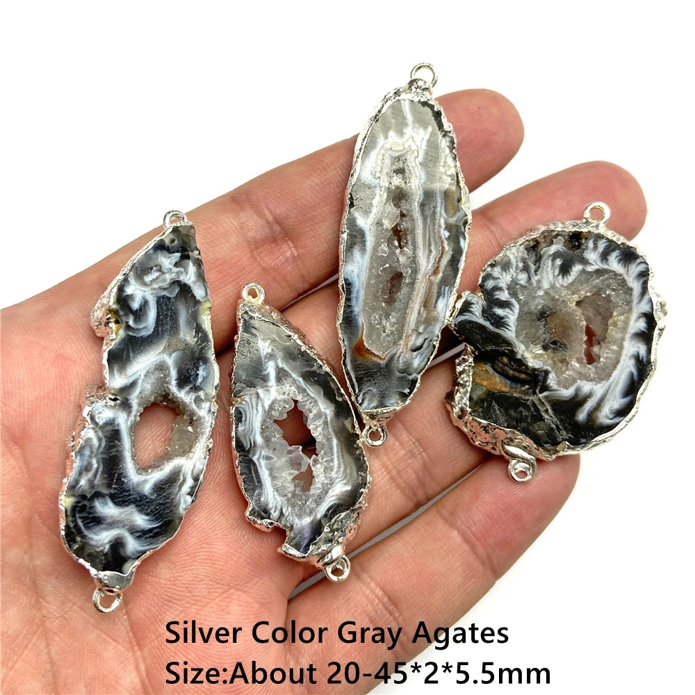 2Pcs/Lot Natural Flat Druzy Agates Pendants Irregular Double Holes Connector Charms Pendant for DIY Bracelet Necklaces Earrings