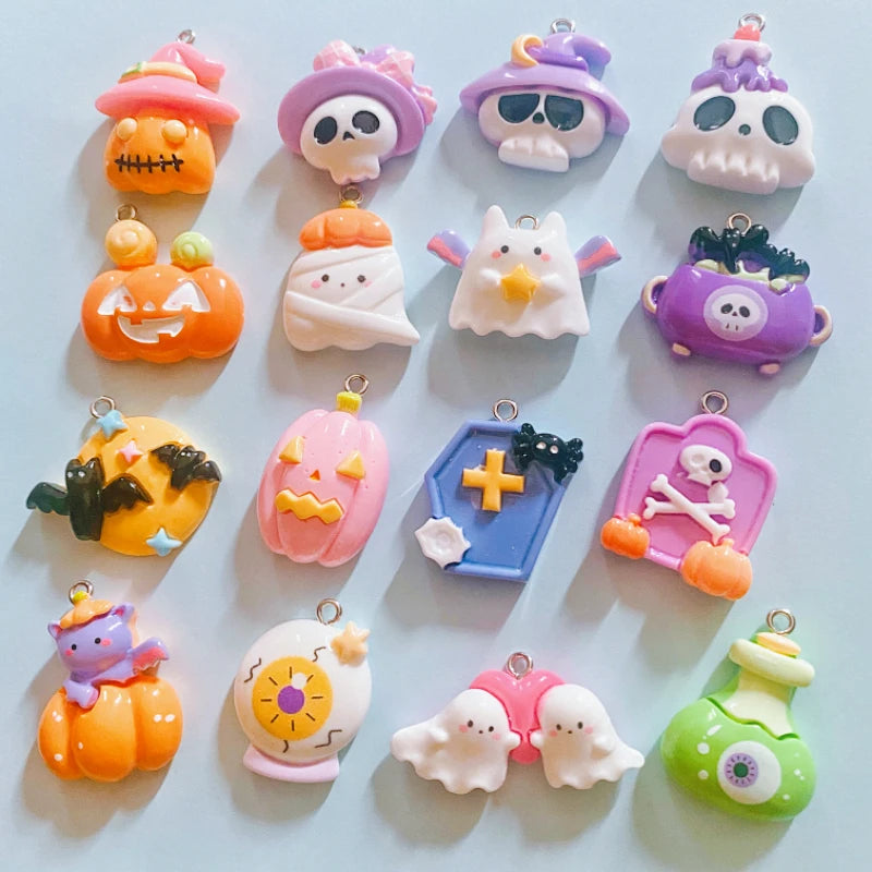 10pcs Kawaii Resin Halloween Charms Kawaii Pumpkin Ghost Skeleton Cat Pendants DIY Jewelry Craft Decoration Making Accessorie