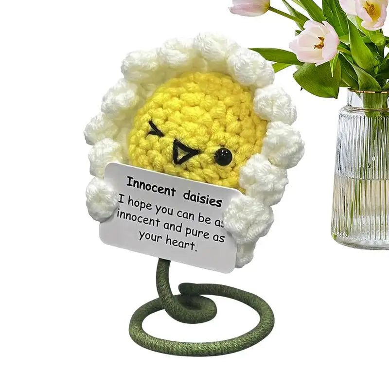 Hand Knitted wool Crocheted doll pendant Cute Emotional Support sunflower Positive Crochet Sunflower Toy with Inspirational Card