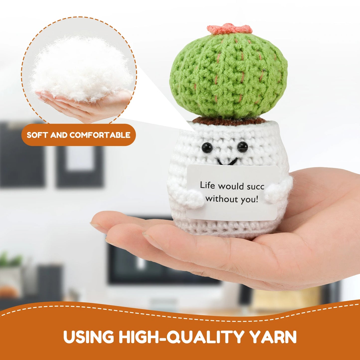 New 4Pcs Crochet Potted Plants with Inspirational Card Cute Knitted Doll Plants Handmade Emotional Support Crochet Dolls Funny