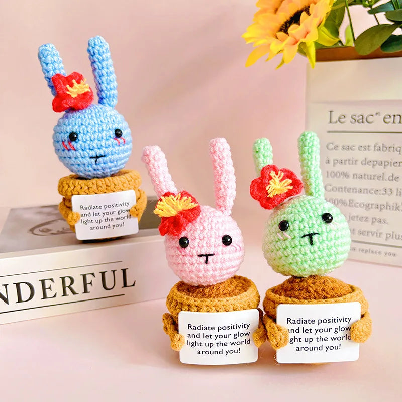 Cute Knitted Rabbit Hug Pocket With Card Christmas Gift Handmade Crochet Positive Energy Rabbit Potted Plant Home Room Decor