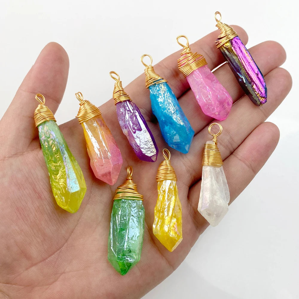 2pcs Irregular Natural Stone Quartz Crystal Pendant Colorful Stick Point Beads Charms Pendants for Jewelry Making DIY Wholesale