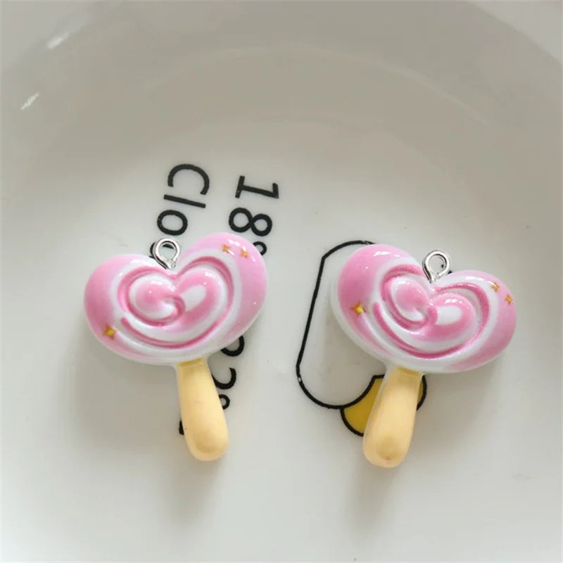 10Pcs Glossy Love Heart Lollipop Resin Charms