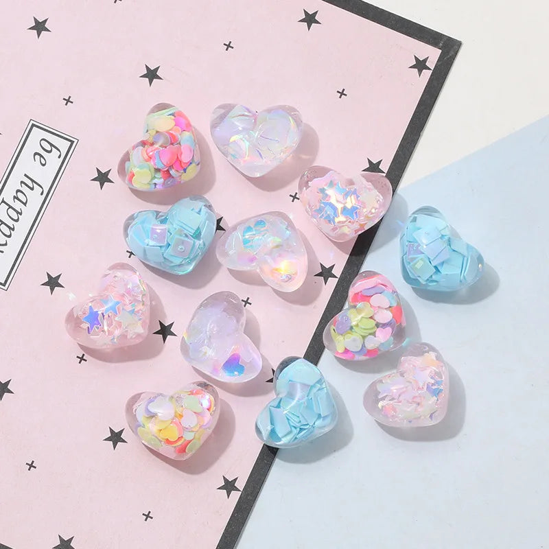 10Pcs Glitter Powder Hearts Flatback Resin Cabochons