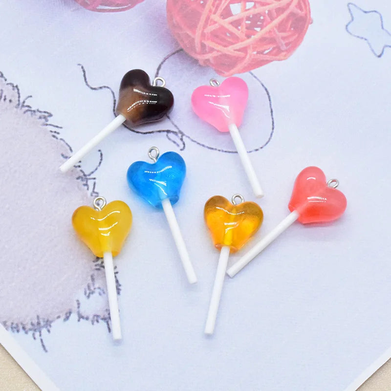 10pcs Love Heart Shape Resin Lollipop Charms Sweet Simulation Candy Pendants For Necklace Earring Phone Charm Jewelry DIY