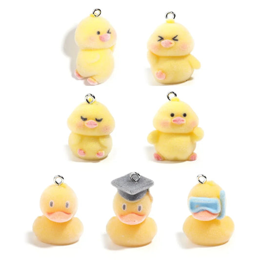 20Pcs 3D Cute Flocked Mini Duck Charms Cartoon Animal Plush Resin Pendent Phone Keychain Necklace Earring Bag DlY Jewelry Make