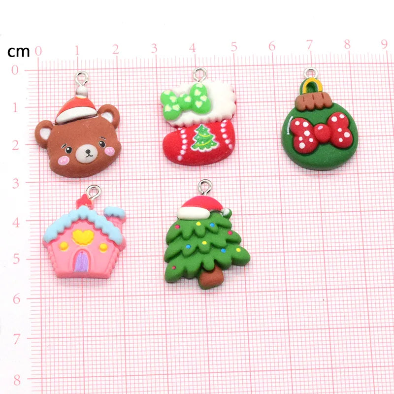 10pcs/Pack Christmas Series Resin Charms Christmas Tree Stocking Bow Tie Bear Snow House Pendant For Earring Jewelry Make