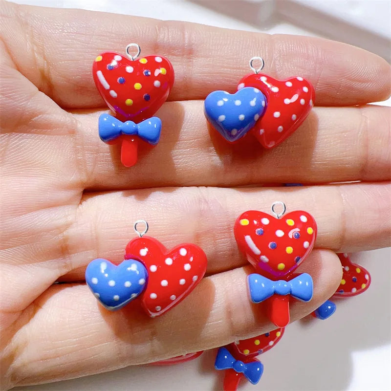 10pcs Kawaii Red Heart Lollipop Charms for Jewelry Making Resin Double Hearts Flatback Pendant Diy Keychain Findings C1372