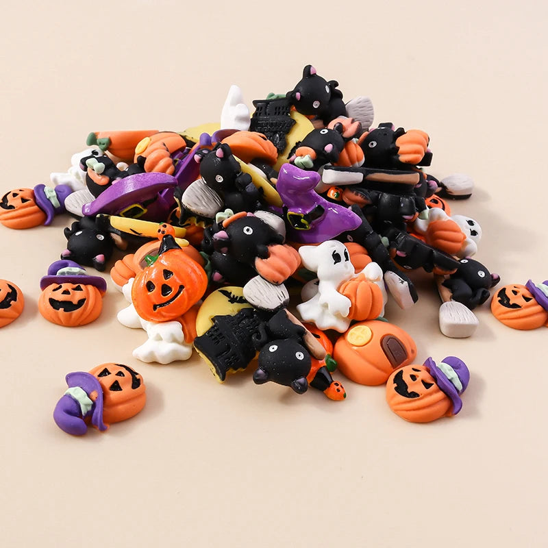 10pcs Mixed Halloween Charms Cute Resin Whitch Hat Cat Pumpkin Moon Ghost Charms Pendants for DIY Jewelry Making Accessories