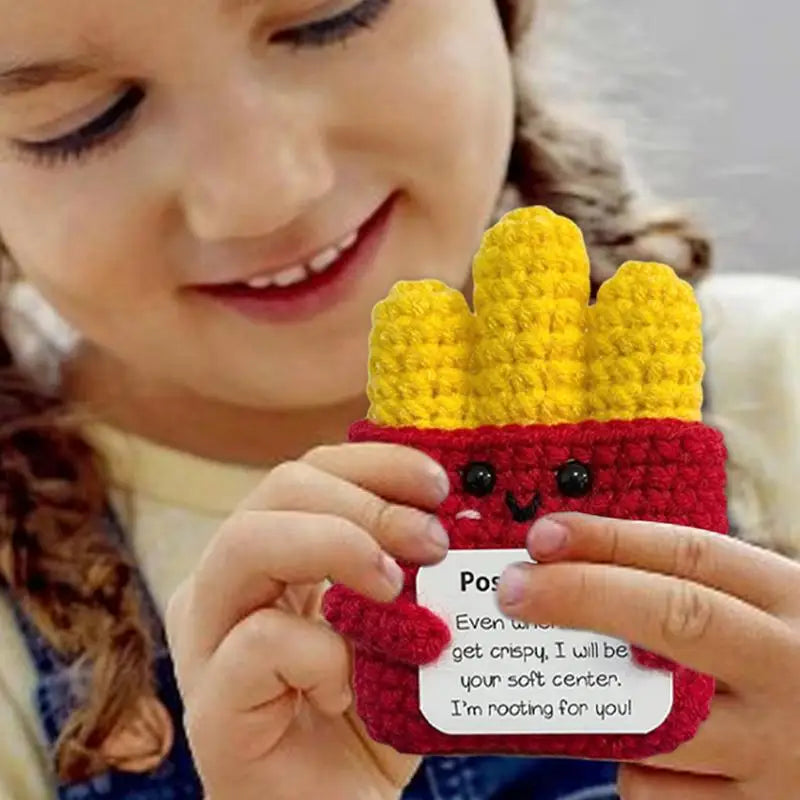 Positive Knitted Toy Knitted Fries Funny Crochet Inspirational Toy Cute Room Decor Knitted Toys Comfort Fries With Positive Card