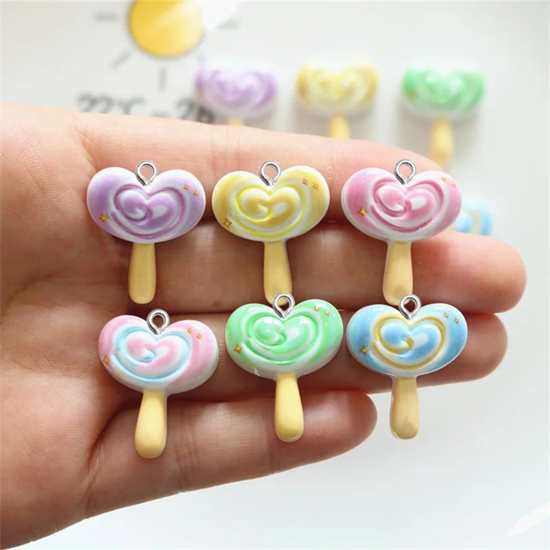 10Pcs Glossy Love Heart Lollipop Resin Charms