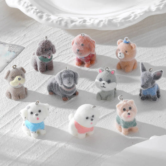 20Pcs 3D Kawaii Flocking Teddy Dog Resin Charms Lovely Mini Lazy Animal Pendant For Keychain Earring DIY Crafts Jewelry Make