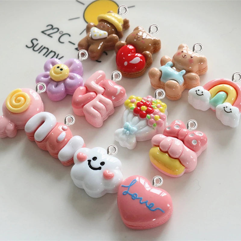 10Pcs Glossy Flower Bear Resin Charm