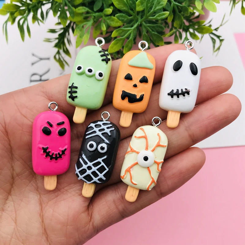 10pcs Resin Flatback Halloween Popsicle Charm Ice Cream Pendant for Keychain Earring, Scrapbooking, Jewelry DIY Making, Necklace