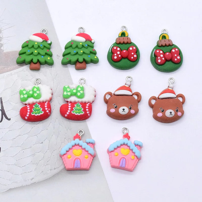 10pcs/Pack Christmas Series Resin Charms Christmas Tree Stocking Bow Tie Bear Snow House Pendant For Earring Jewelry Make