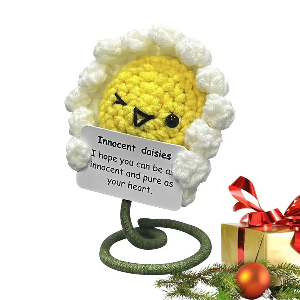 Hand Knitted wool Crocheted doll pendant Cute Emotional Support sunflower Positive Crochet Sunflower Toy with Inspirational Card