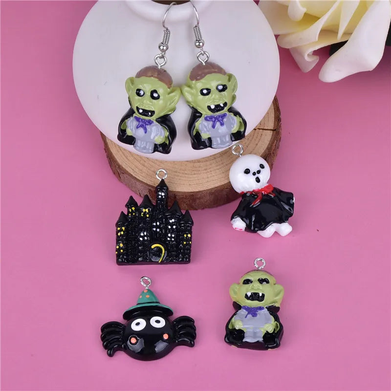 Mix 10pcs 3D Zombie Castle Ghost Halloween Resin Charms Pendant  for DIY Earring  Keychain Jewelry Making