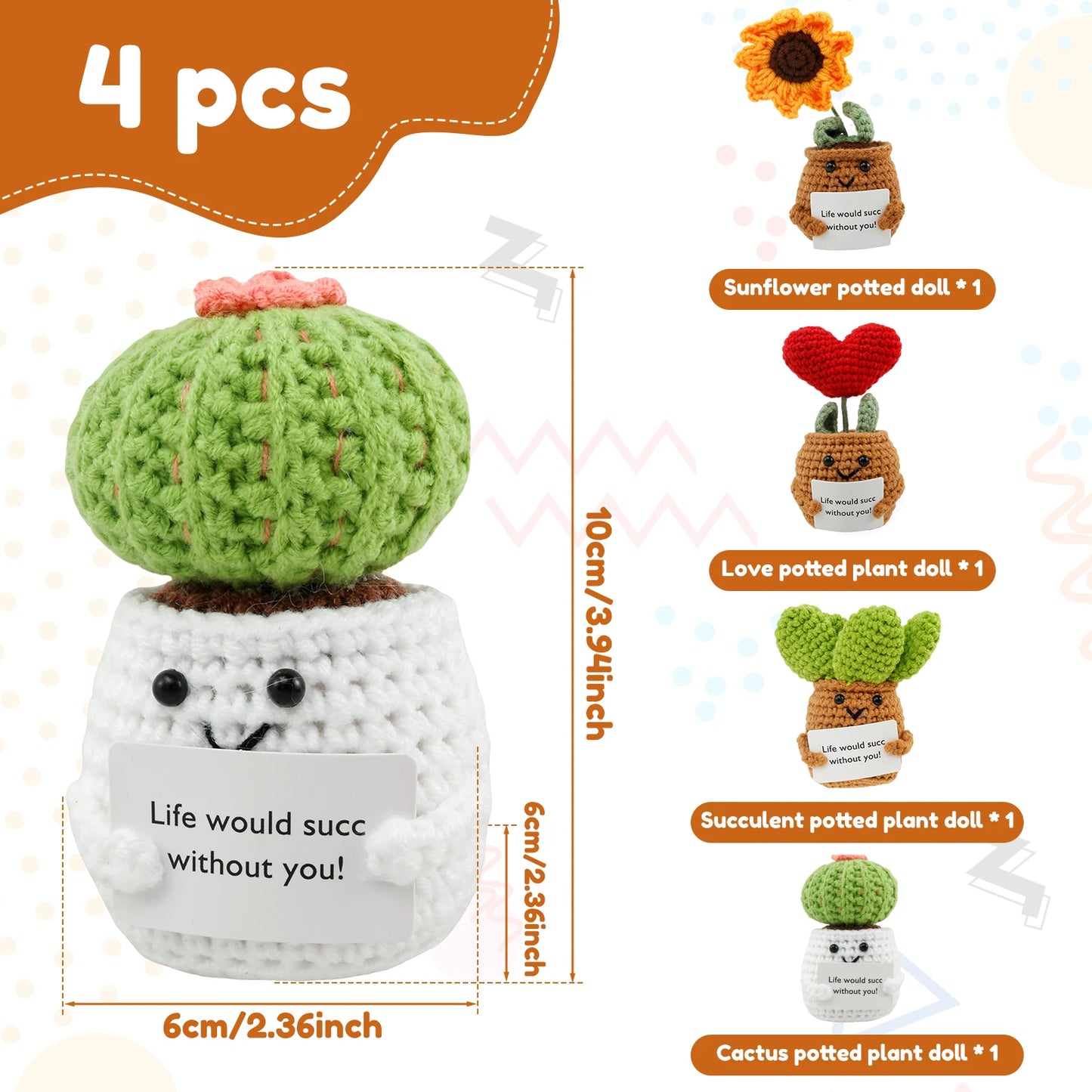 New 4Pcs Crochet Potted Plants with Inspirational Card Cute Knitted Doll Plants Handmade Emotional Support Crochet Dolls Funny