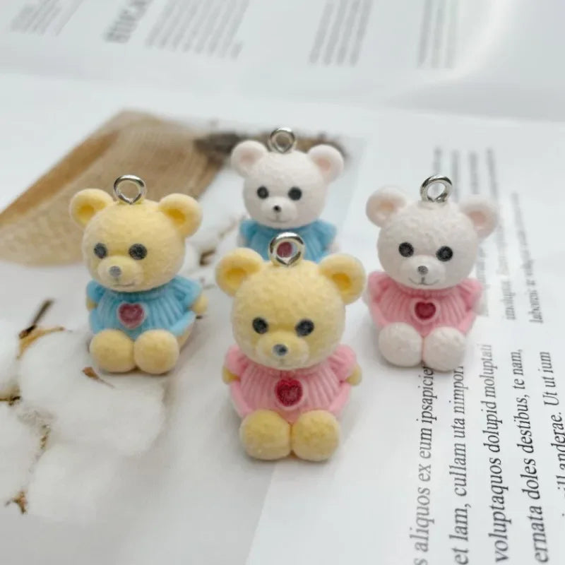 30Pcs 3D Cute Flocking Love Bear Charms Cartoon Animal Plush Doll Pendant Phone Keychain Necklace Earrings Bag DlY Jewelry Make