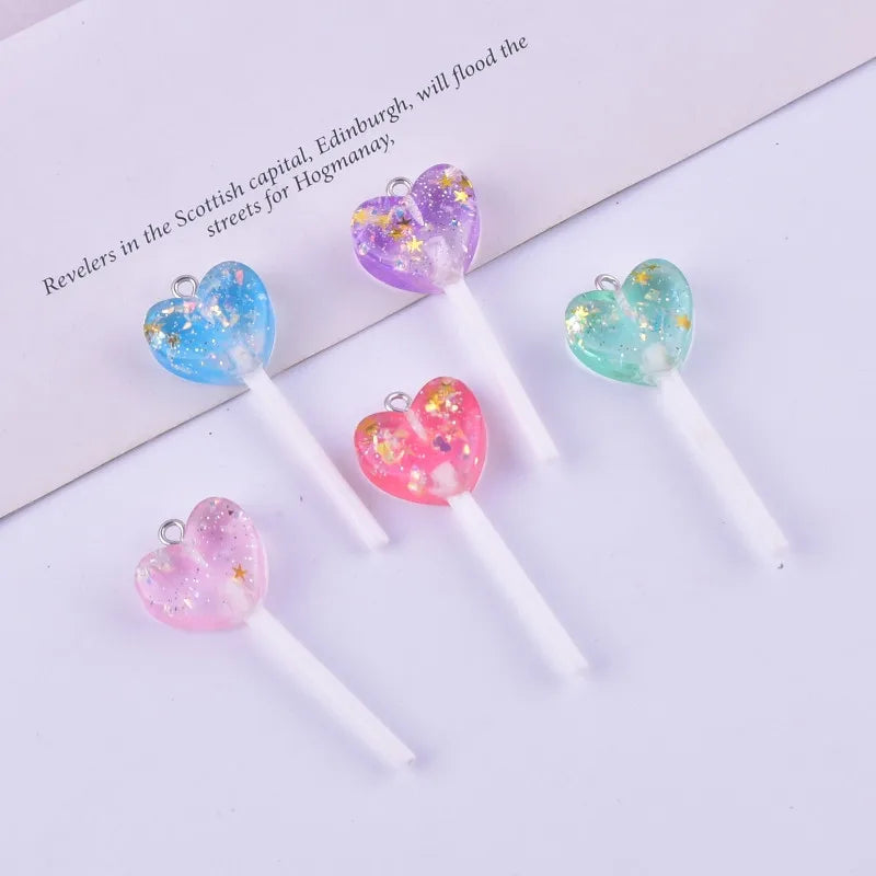 10pcs/pack Fashion Glitter Heart  Lollipop Resin Charms for Women Earring Necklace Jewelry DIY Making