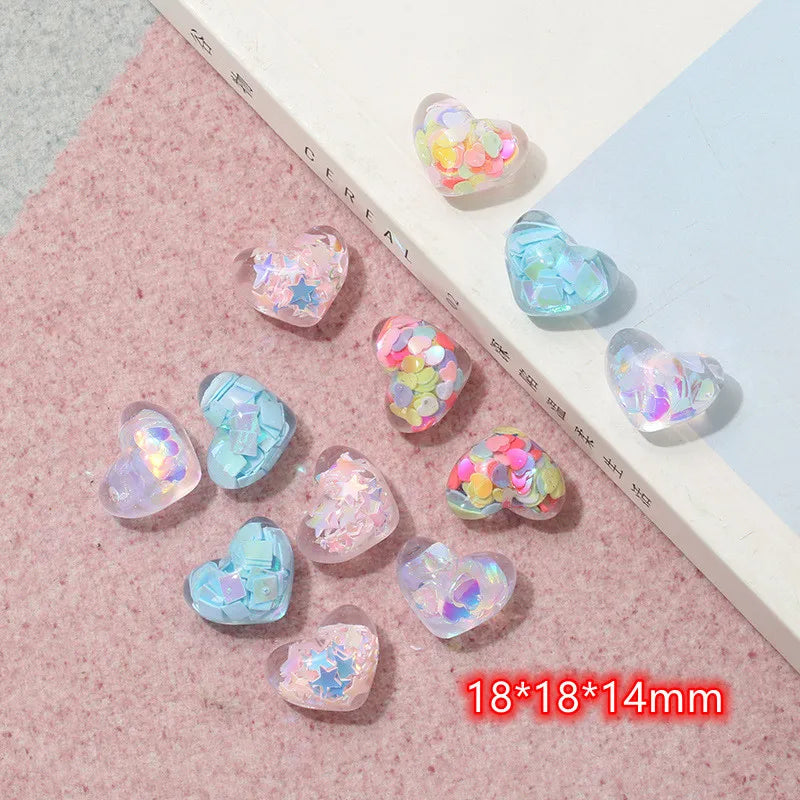 10Pcs Glitter Powder Hearts Flatback Resin Cabochons